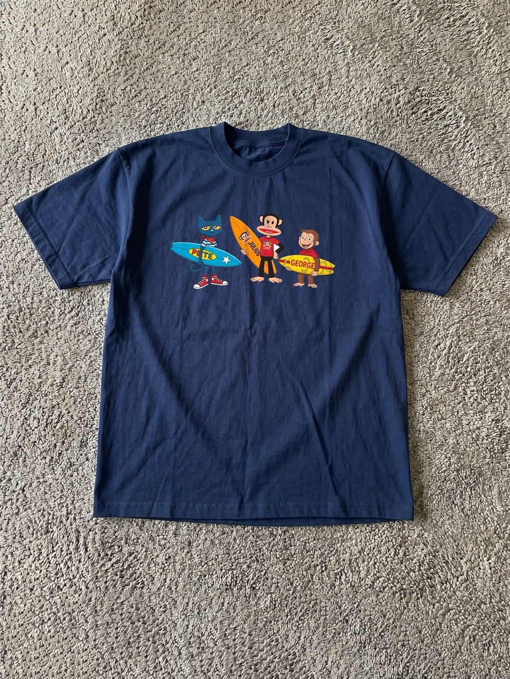 Gildan Navy Graphic Tee with Surfing Characters and Bright Boards